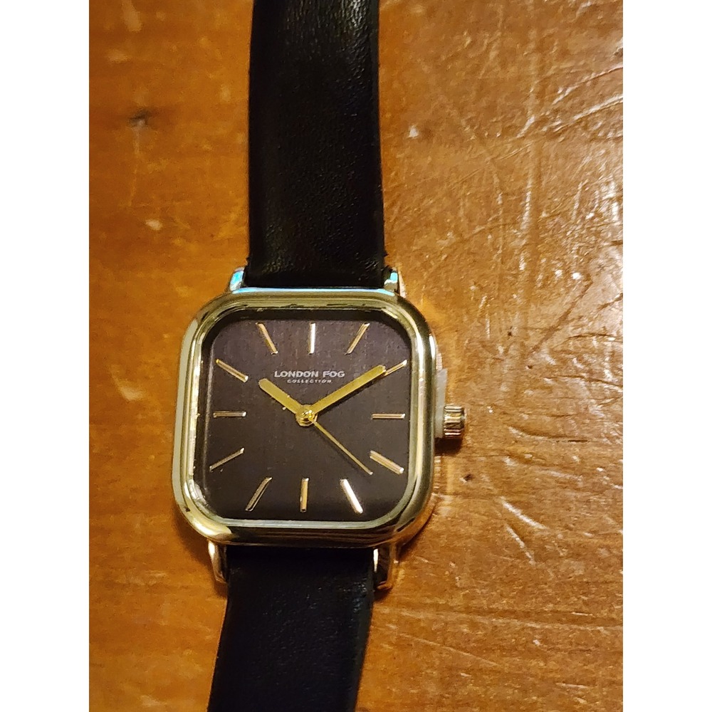London Fog Womens Square Gold Tone Watch Blck Leather Strap LF047BK-W Japan Movt - Picture 1 of 4